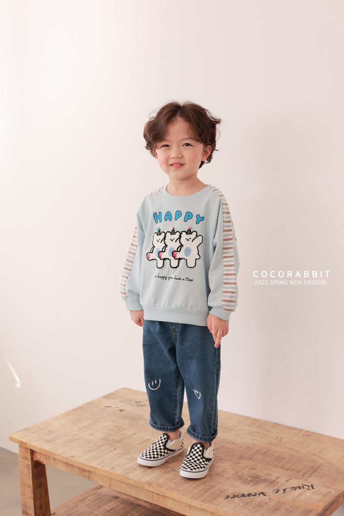 韓國 Coco rabbit - 跳舞小熊橫紋配色長袖上衣-天空藍