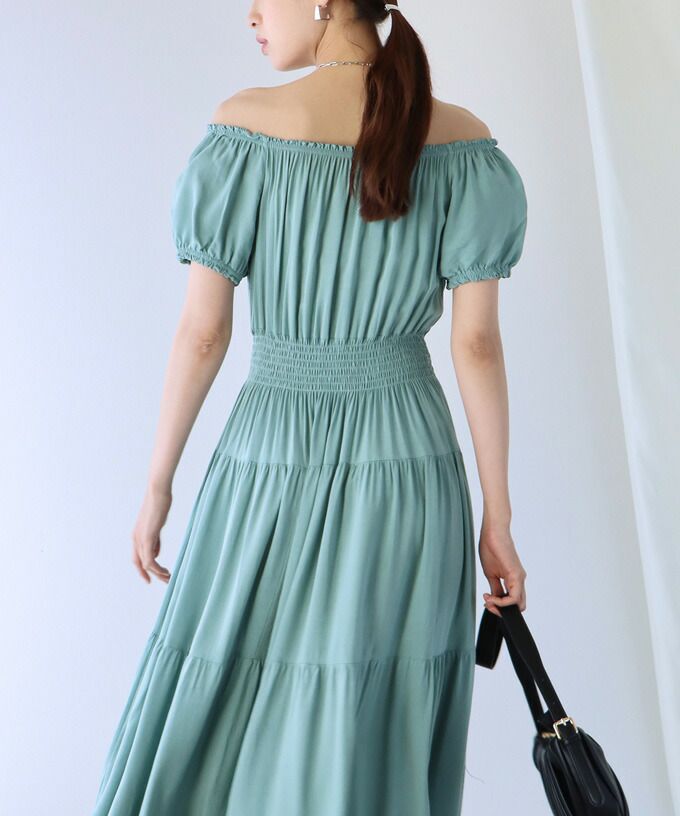 日本 BLUE EAST - 絕美平口縮腰泡泡袖洋裝-碎花-藍