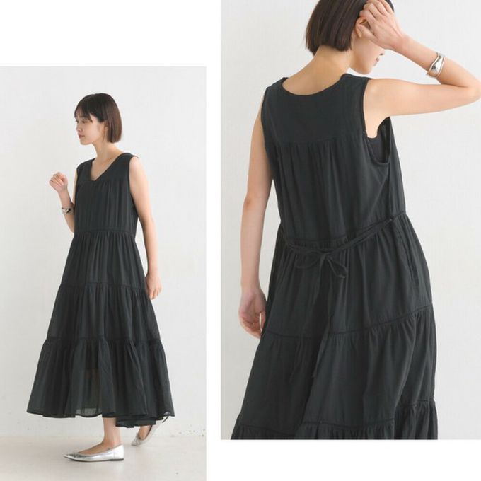 日本 OMNES - 100%印度棉 巴里紗分層V領無袖洋裝-咖啡