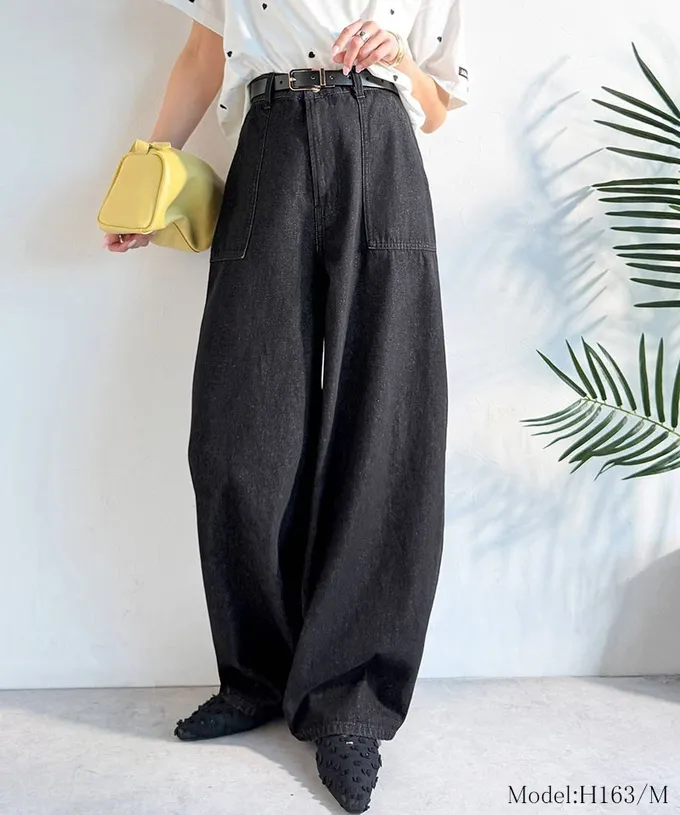 日本 Classical Elf - 圓弧修身廓形大口袋純棉丹寧褲-黑