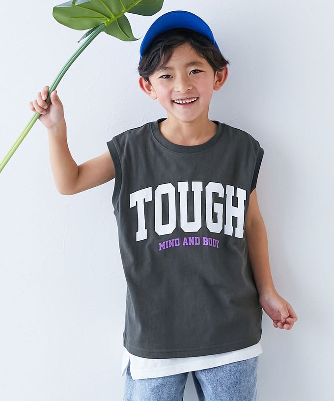 日本 devirock - 100%棉 定番印花寬版無袖上衣-背後正方形-灰杏