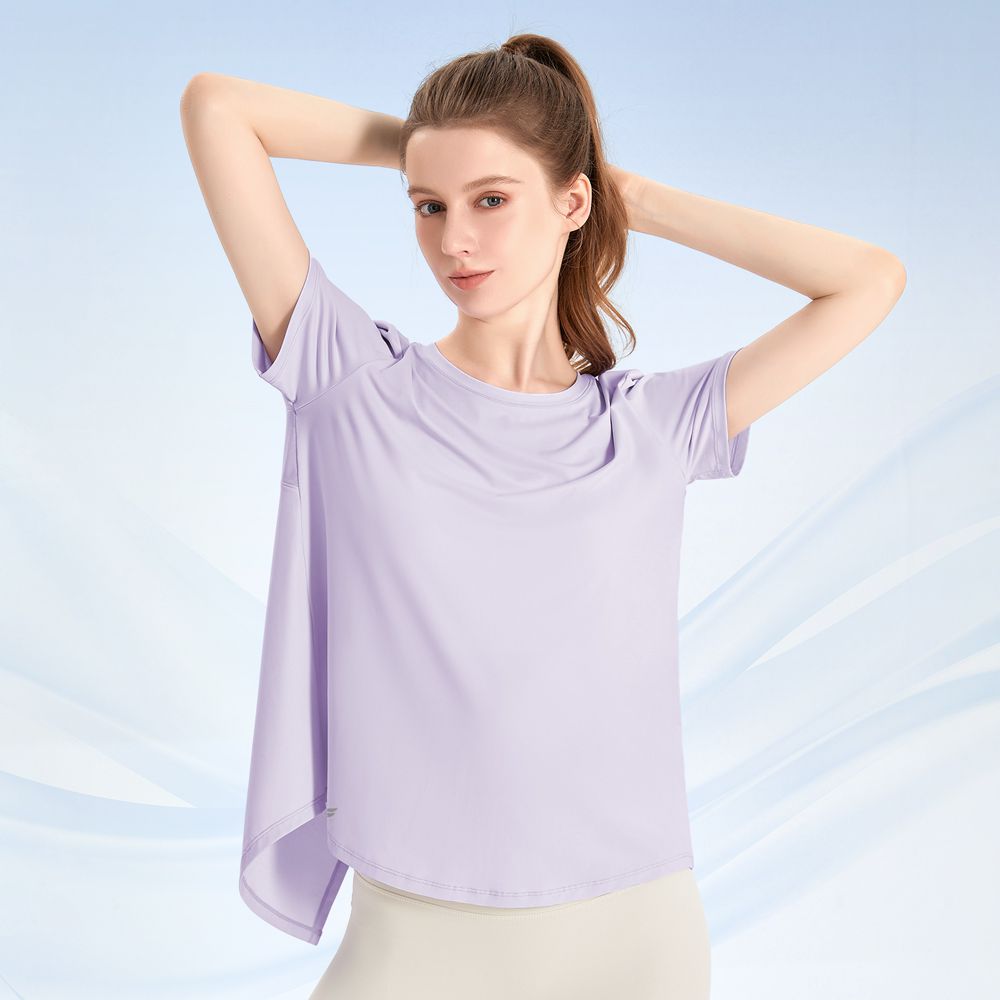 涼絲感燕尾開岔短袖罩衫-夢幻紫