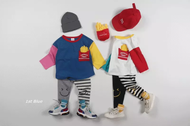 韓國 First Blue - 立體薯條拼接色T-綠X紅