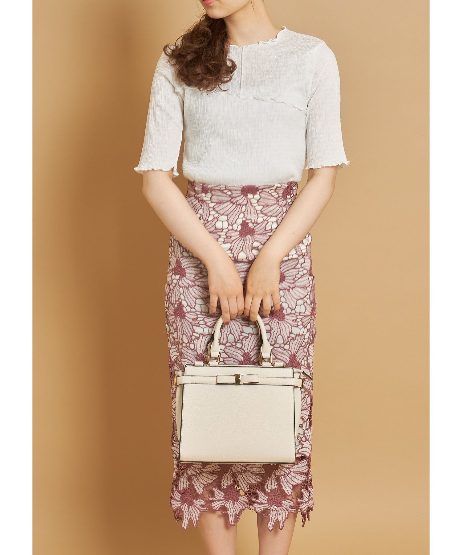 日本 tocco-closet - 蝴蝶結金釦手提包/側背包-氣質杏