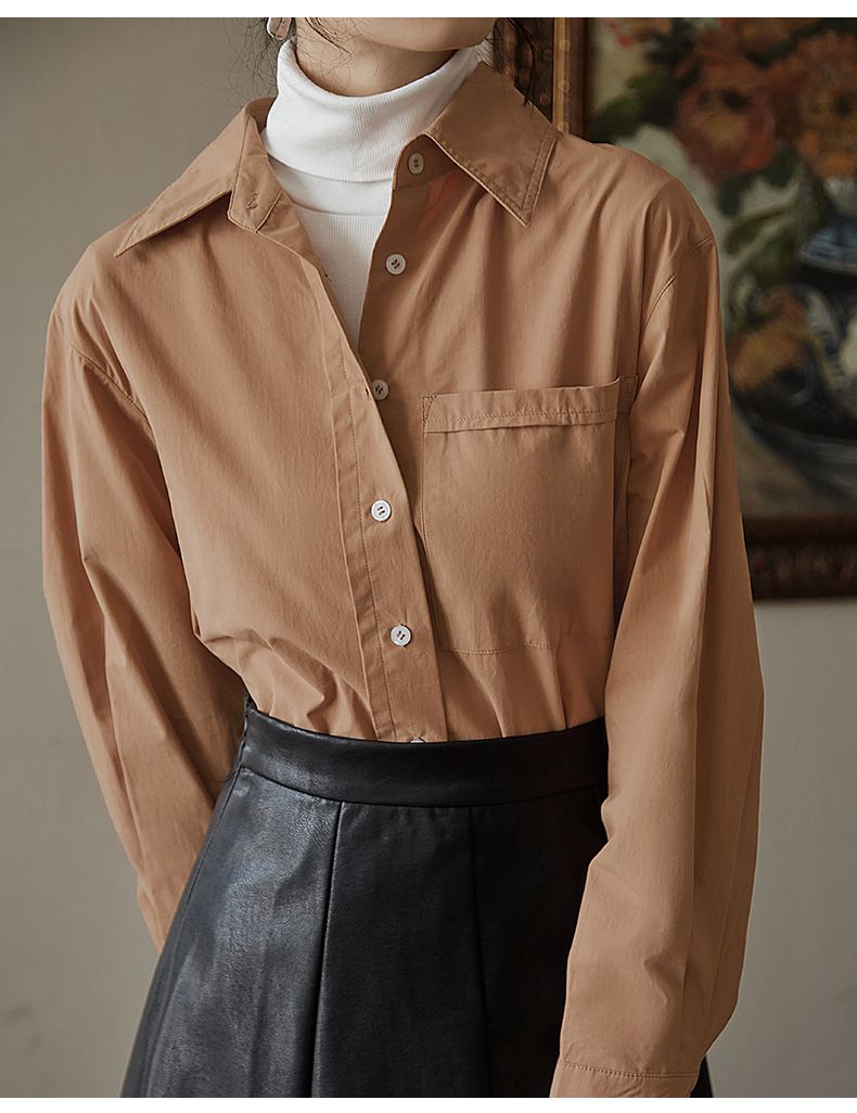 時尚寬鬆貼口袋長袖襯衫-白色