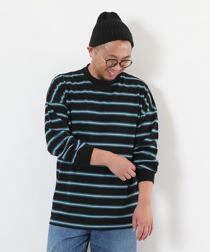 日本 devirock - [大人]100%棉 百搭條紋長袖上衣-黑x水藍