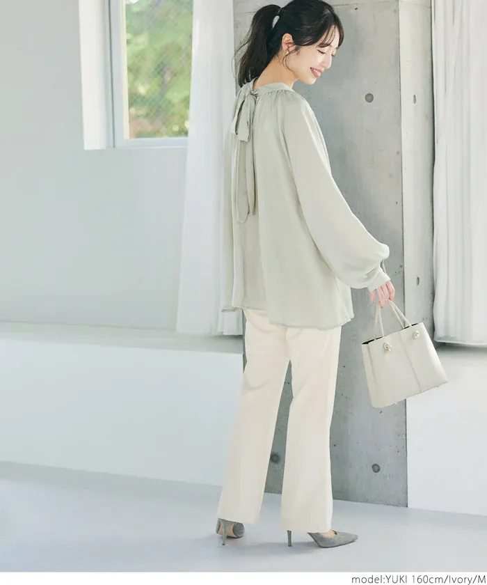 日本 COCA - 裏起毛摺線美腿微喇叭褲-黑