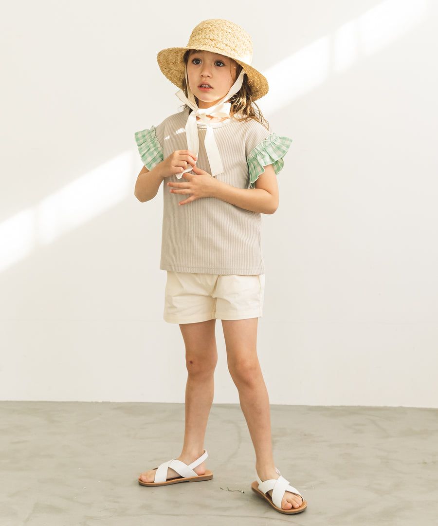 日本 PAIRMANON - 荷葉衣袖拼接鬆餅紋短T-點點-灰杏X白底點