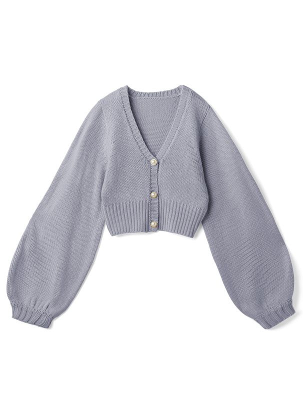 日本 GRL - V領珍珠釦泡泡袖針織外套-淺粉紫 (F)