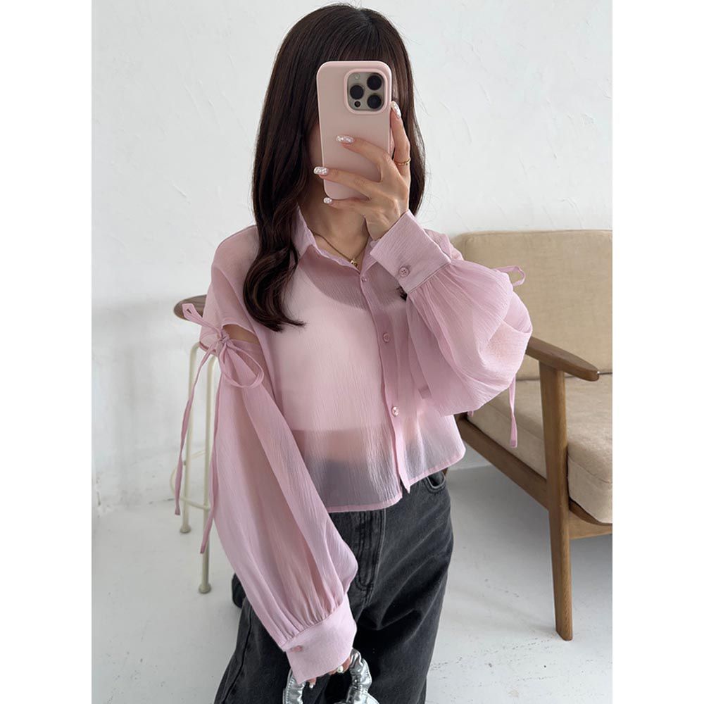 日本 GRL - 楊柳透膚肩綁帶薄襯衫-粉紅 (F)