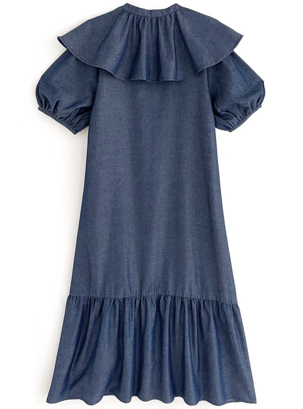 日本 GRL - 文藝少女荷葉領綁帶短袖洋裝-丹寧藍 (F)