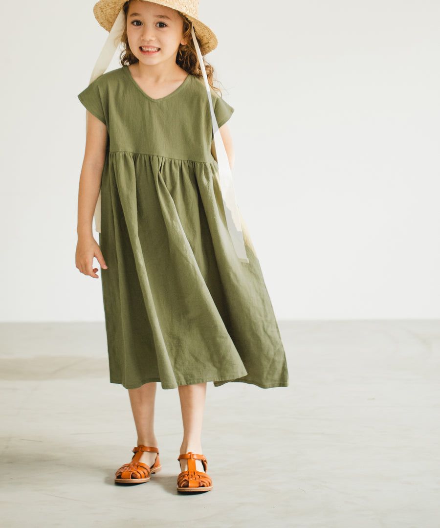 日本 PAIRMANON - 前後兩穿寬鬆短袖洋裝(孩子)-素色-墨綠