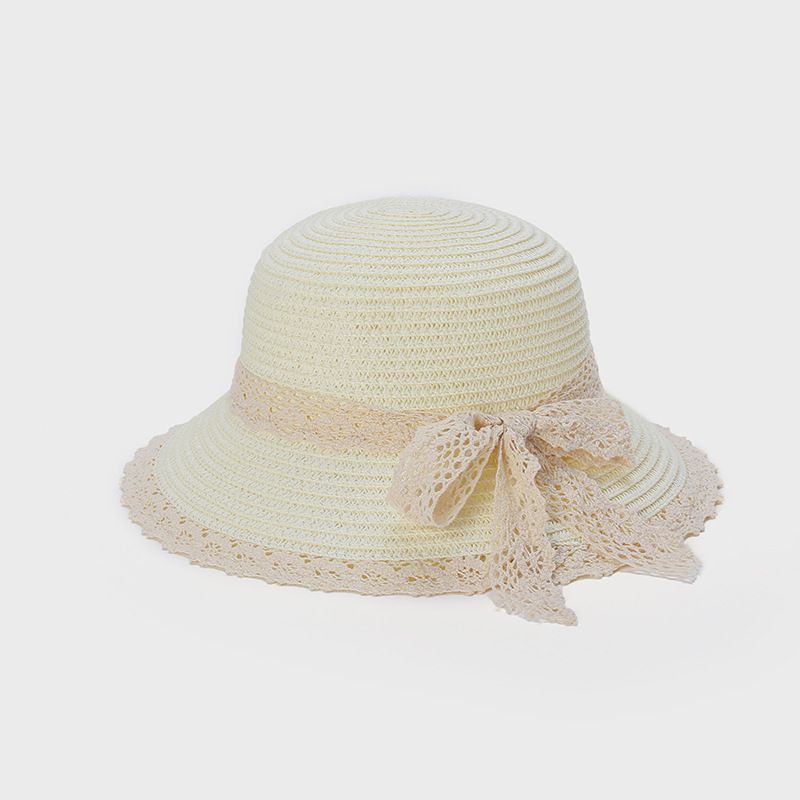 兒童透氣遮陽帽/編織草帽-蕾絲蝴蝶結-米色 (48-50CM)