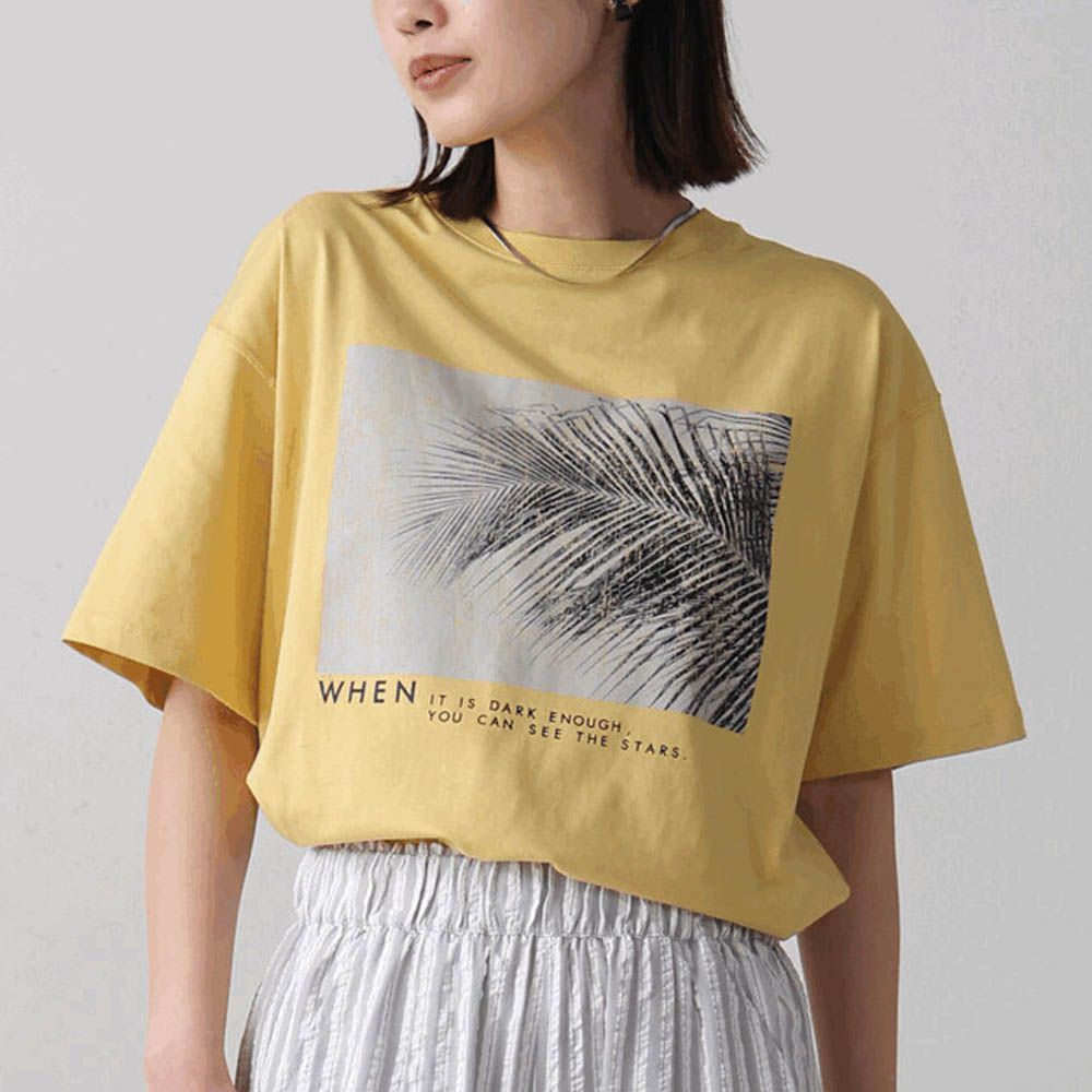 100%棉 清新夏日樹葉印花T恤-黃