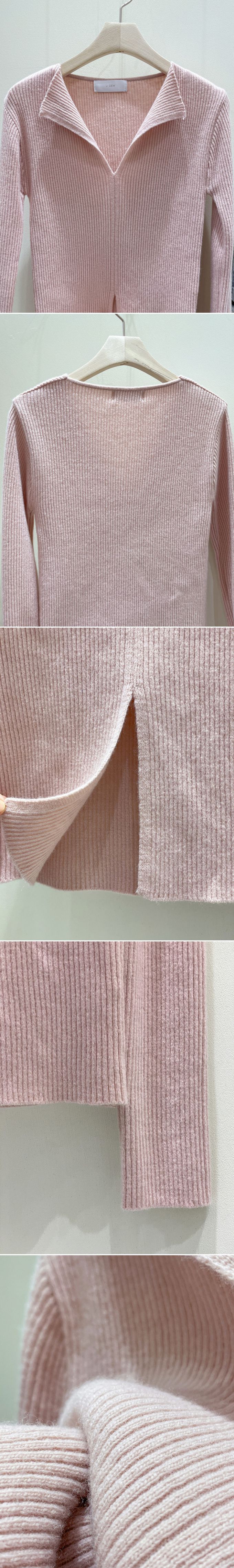 韓國女裝連線 - 浪漫開衩領羊毛針織上衣-燕麥杏 (FREE)