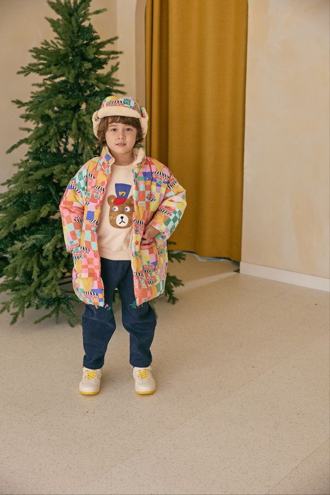 韓國 Mimico - (內磨毛)動物印圓領大學T-狐狸-芥黃