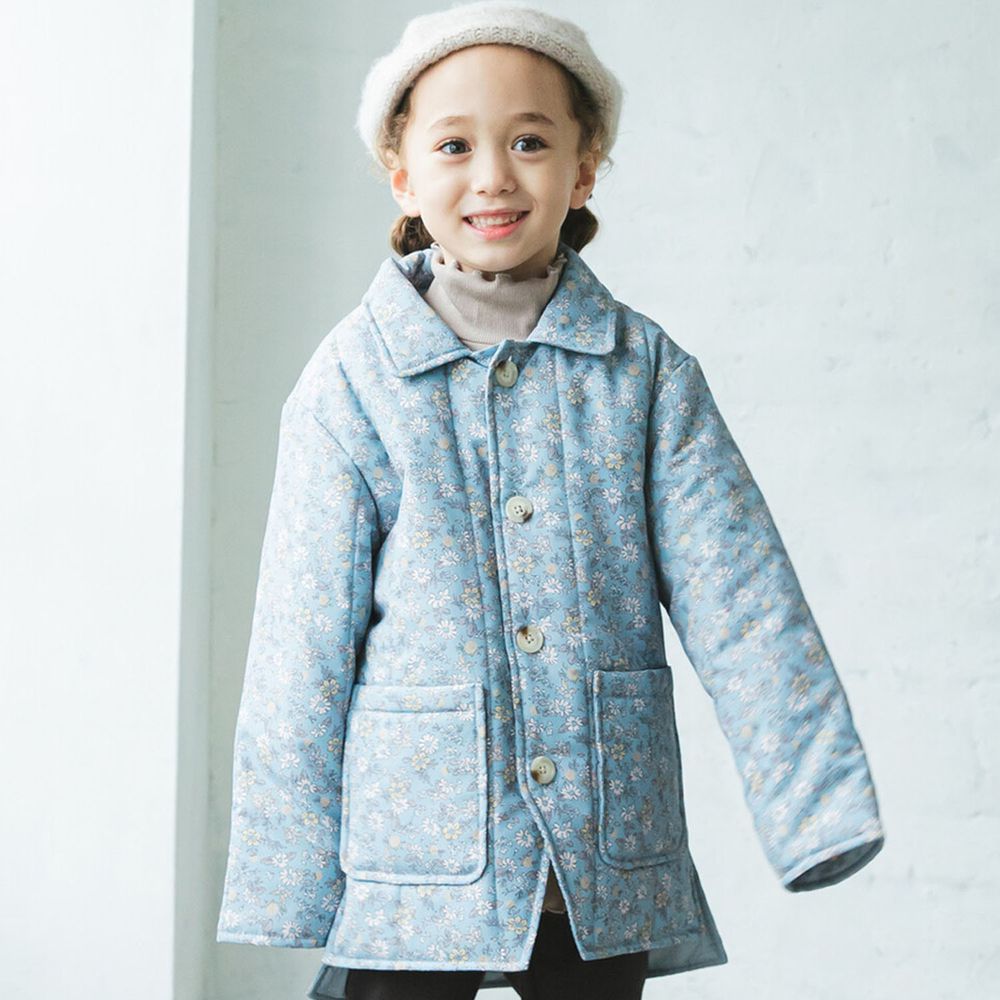 日本 PAIRMANON - 鋪棉長版保暖外套-碎花-藍