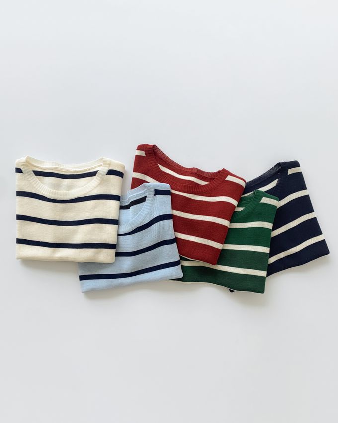 韓國 98doci - 針織條紋短袖上衣-天空藍