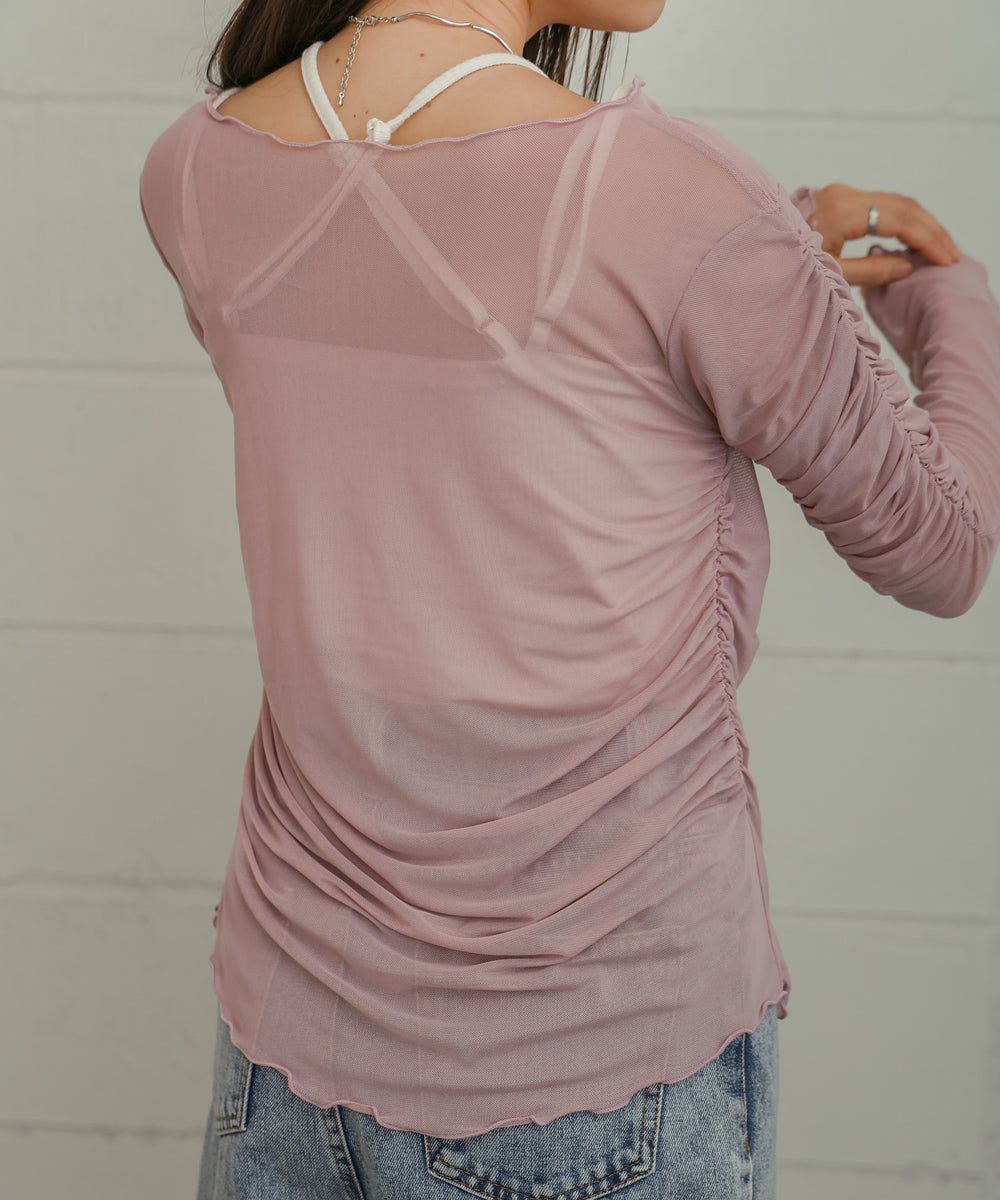 日本 Bab - 時尚透感抓皺長袖內搭/上衣-深可可