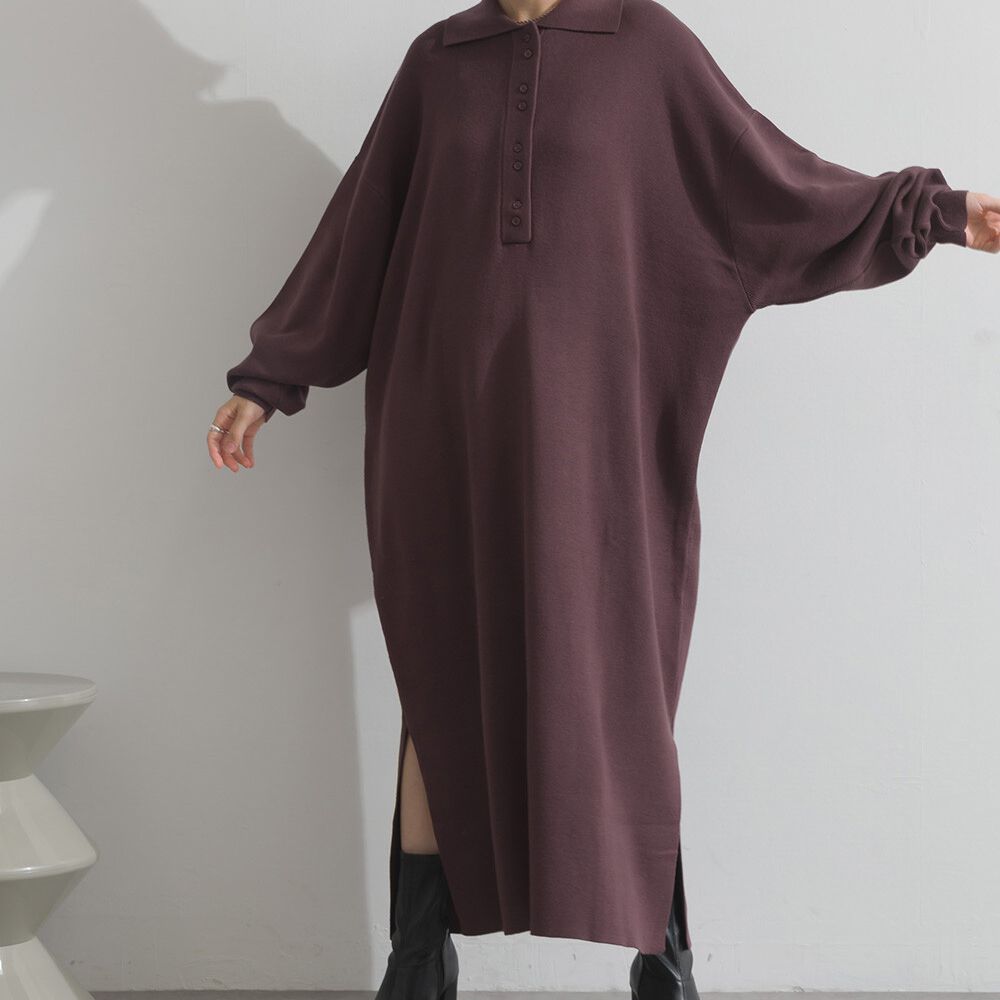 氣質排扣polo衫針織長袖洋裝-咖啡棕