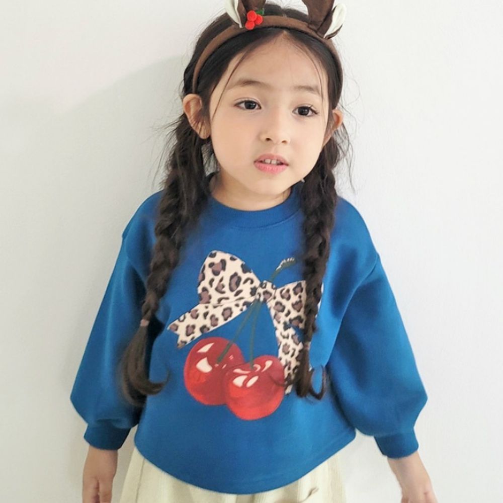 Peanuts House (內磨毛)豹紋櫻桃長袖上衣-藍