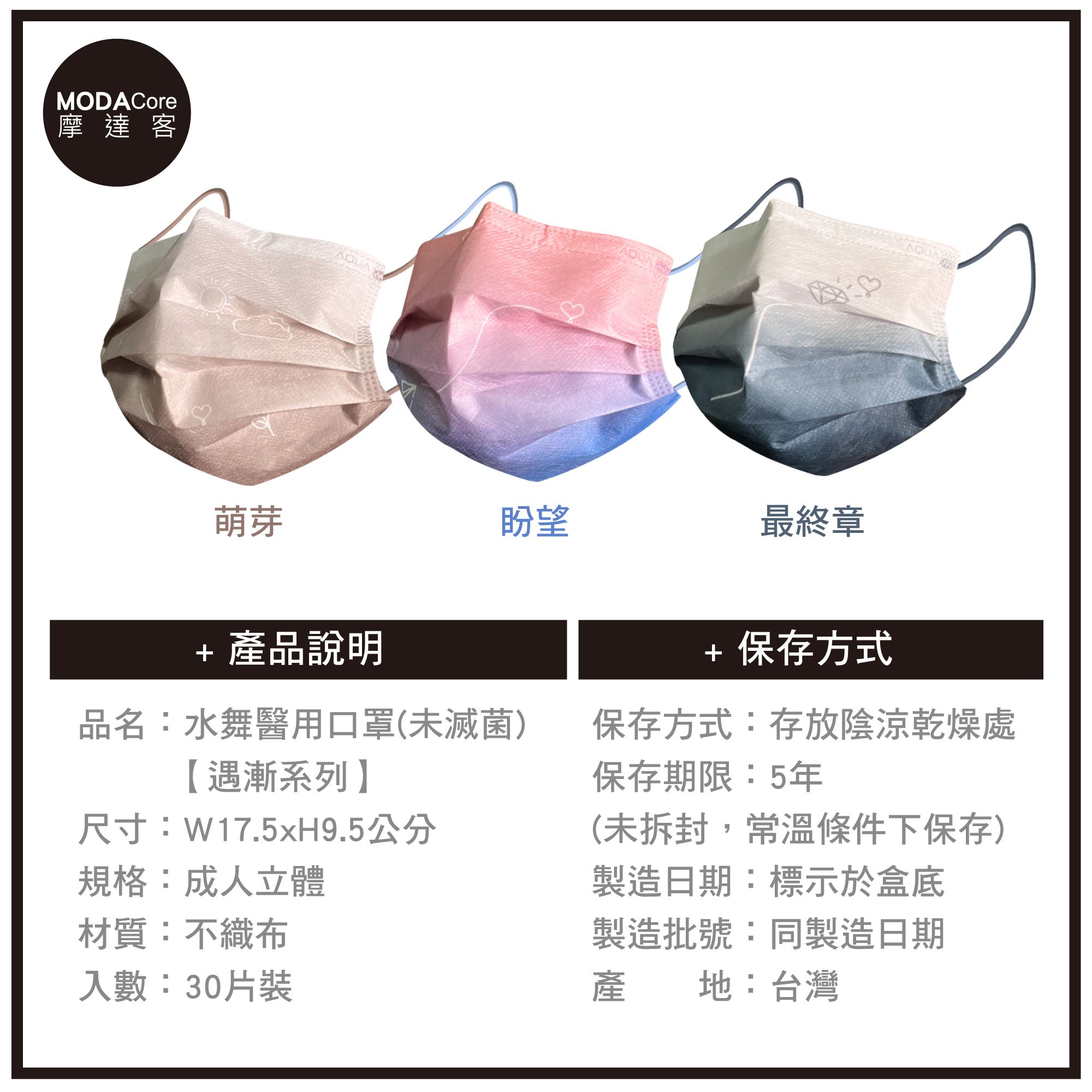 MODACore 摩達客 - 水舞醫用口罩-MIT+MD雙鋼印-遇漸系列-萌芽、盼望、最終章-3盒組(30入/盒)