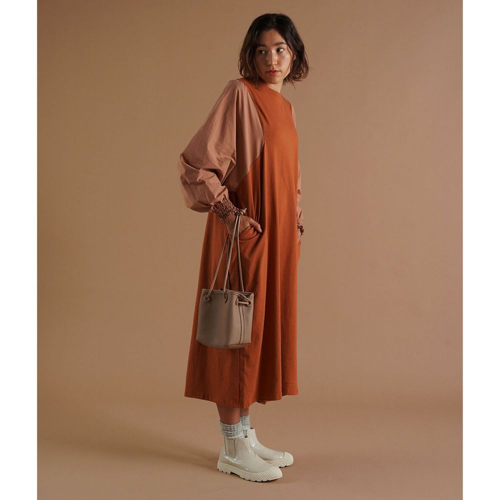 日本 Bou Jeloud - 純棉顯瘦拼接長袖洋裝-磚橘
