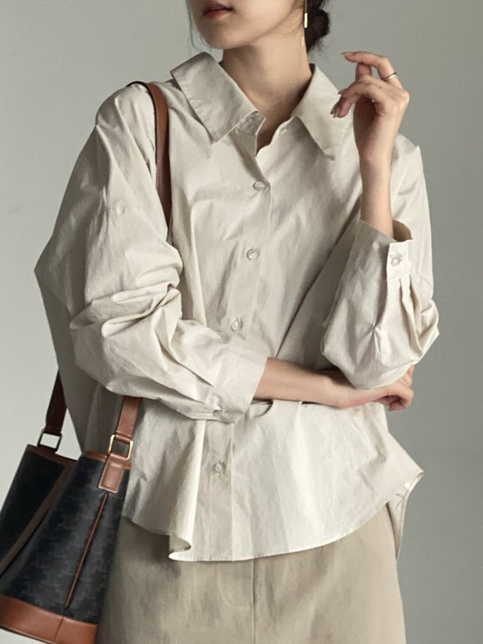 韓國女裝連線 - 知性背後抓褶翻領長袖襯衫-米杏 (FREE)