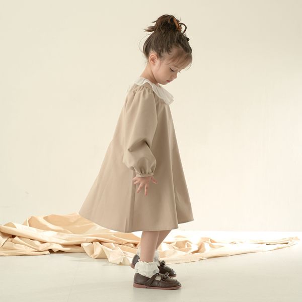 日本 Lycee mine - 薄紗領光澤面料長袖洋裝-粉紅