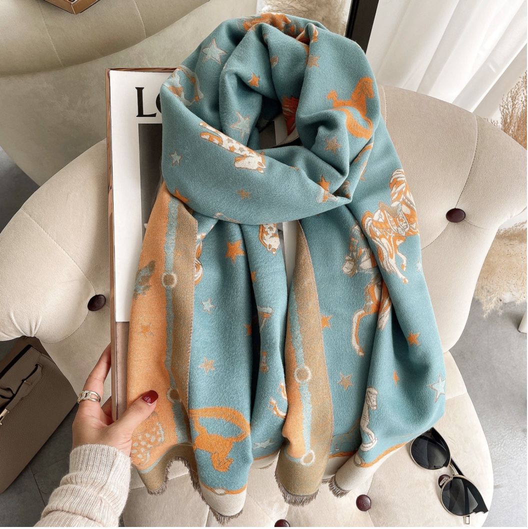 雙面提花童心必備馬格圍巾披肩-湖水藍與黃-成人圍巾披肩-湖水藍與黃-180 x 65 cm