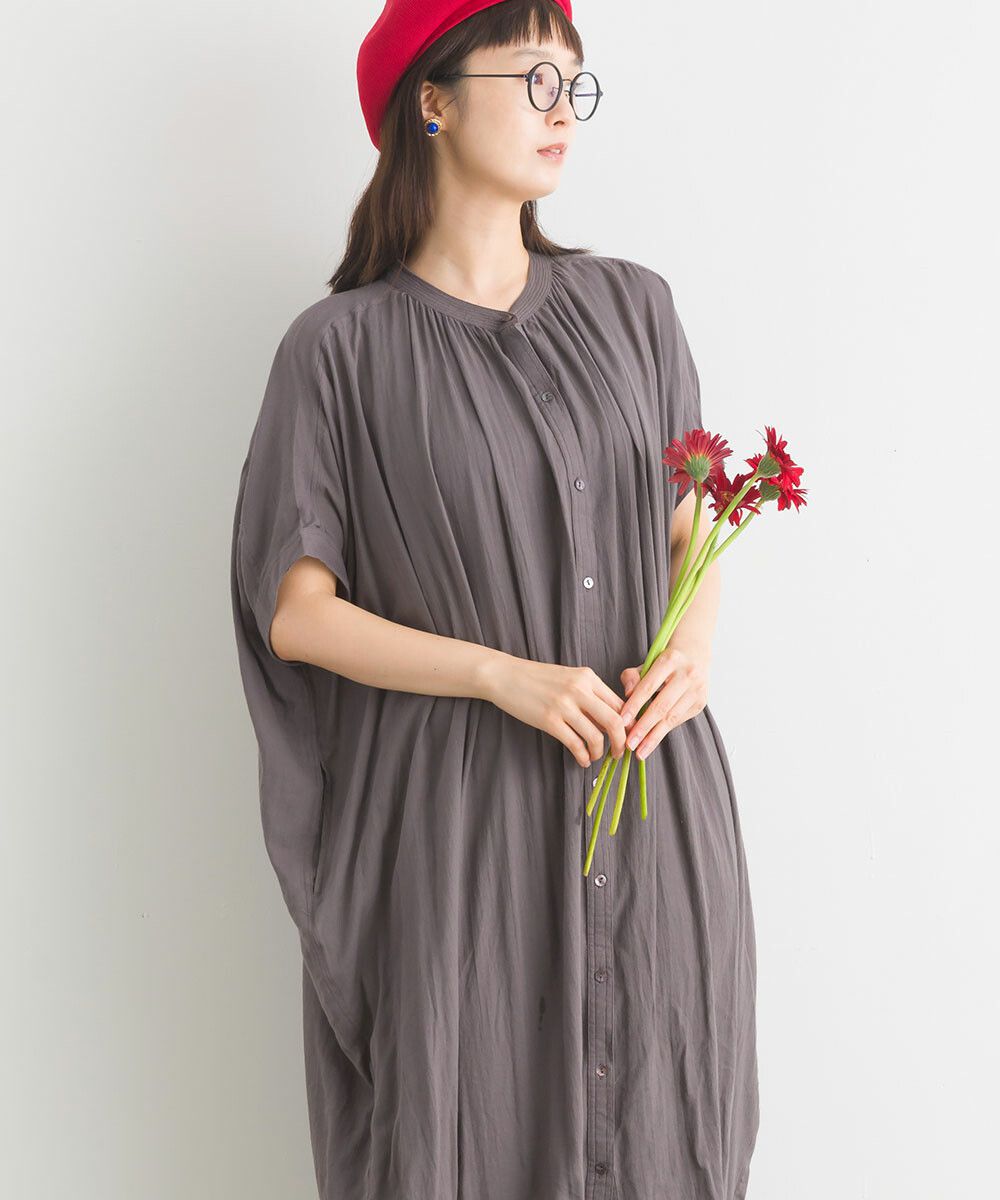 日本女裝代購 - 100%印度棉 文藝感排扣五分袖洋裝-米白