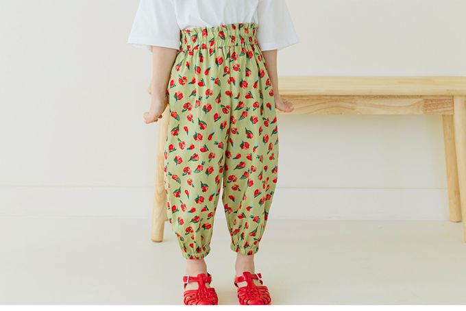 韓國 Bebezoo - 透氣純棉縮褲管防蚊褲-紅花-草綠