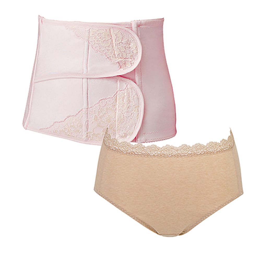 日本 Combi - 產後束腹帶-粉色(XL)+天然彩棉產婦褲-褐色-(L/XL) 1+1 實用組