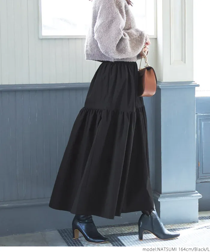 日本 COCA - 皺褶分層顯瘦長裙-黑