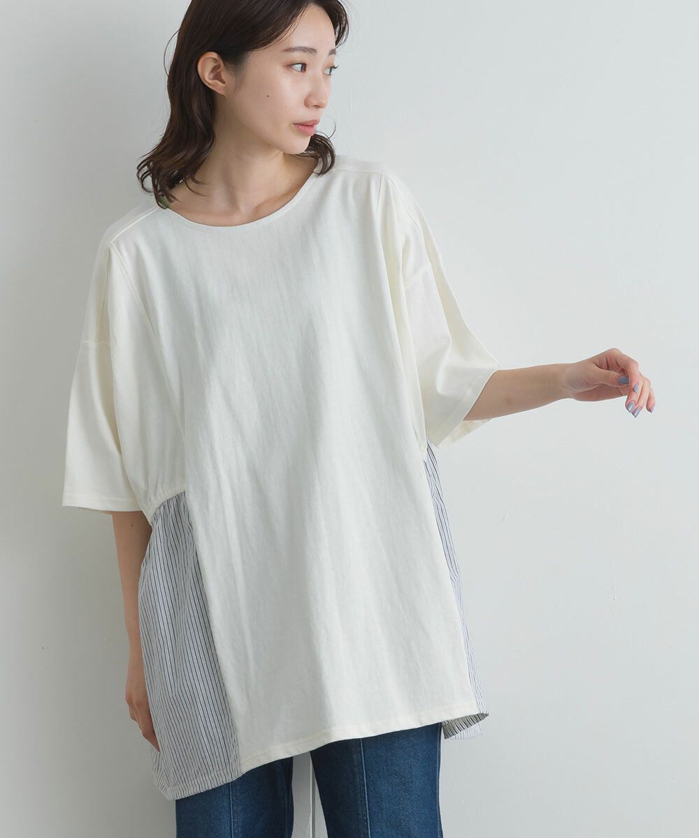 日本女裝代購 - 16支天竺棉拼接五分袖上衣-米白