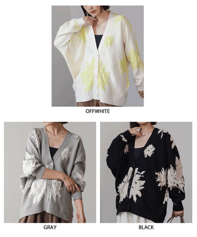 日本 Bab - 唯美花卉寬鬆感針織開襟外套-淺灰