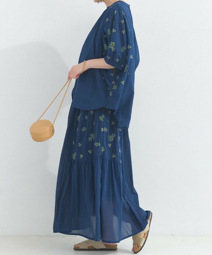 日本 Lupilien - 100%印度棉 優美植物刺繡長裙-海軍藍
