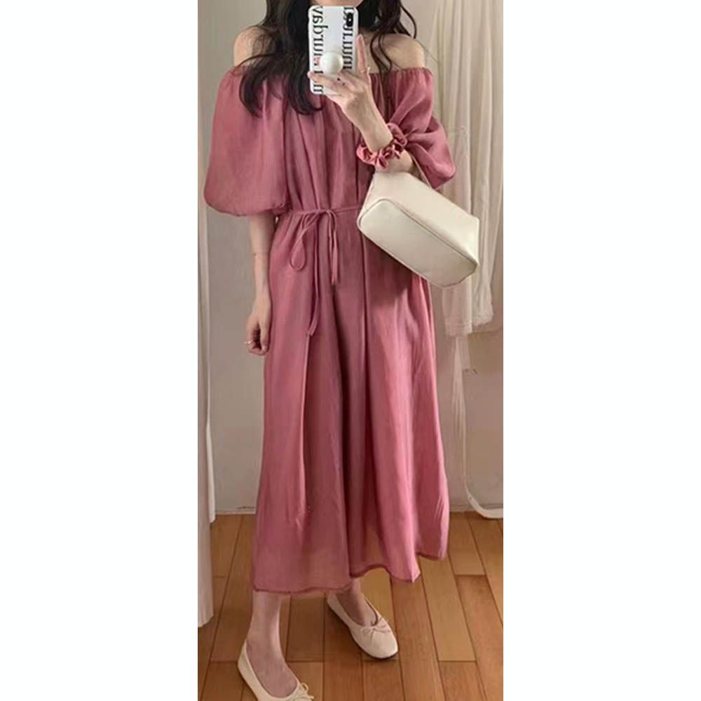 柔美寬鬆皺褶氣球袖洋裝(附綁帶)-桃粉 (F)