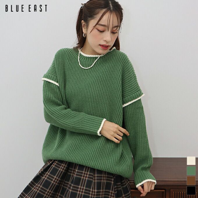 日本 BLUE EAST - 撞色滾邊落肩針織毛衣-米白