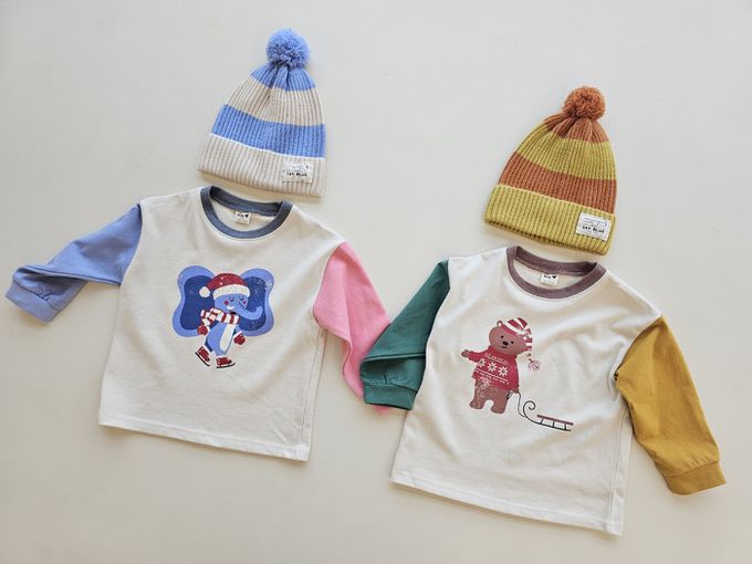 韓國 First Blue - 冬日動物印撞色袖上衣-雪橇熊-綠X芥黃