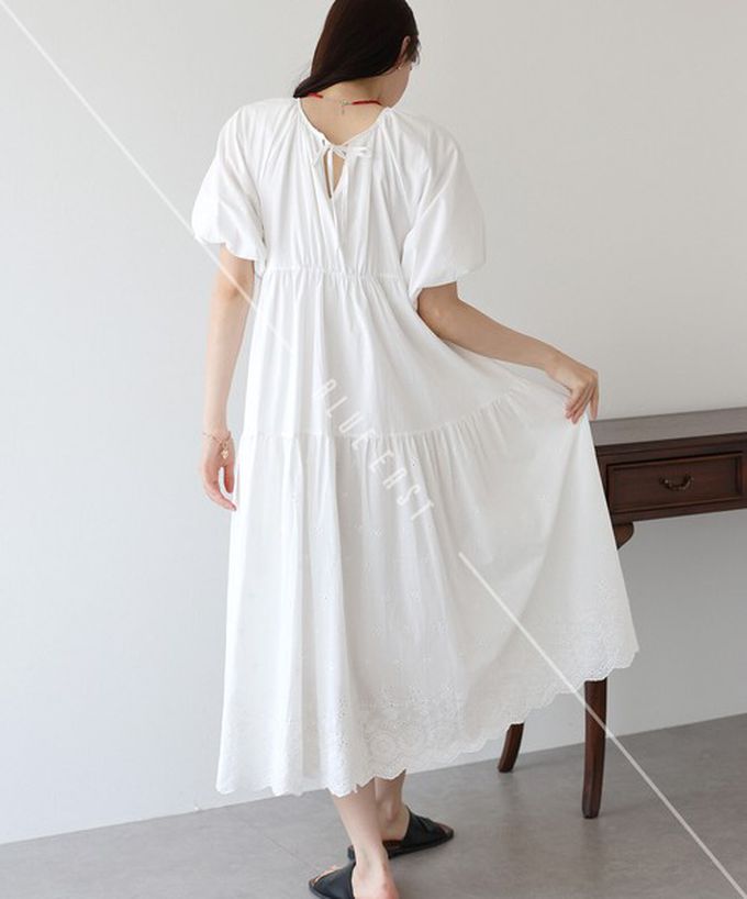 日本 BLUE EAST - 100%棉 下擺精緻蕾絲泡泡短袖洋裝-白