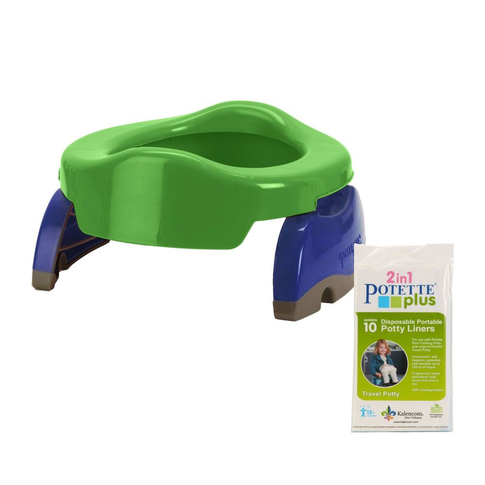 美國 Potette Plus - 可攜式馬桶-綠色+拋棄式防漏袋10入裝)