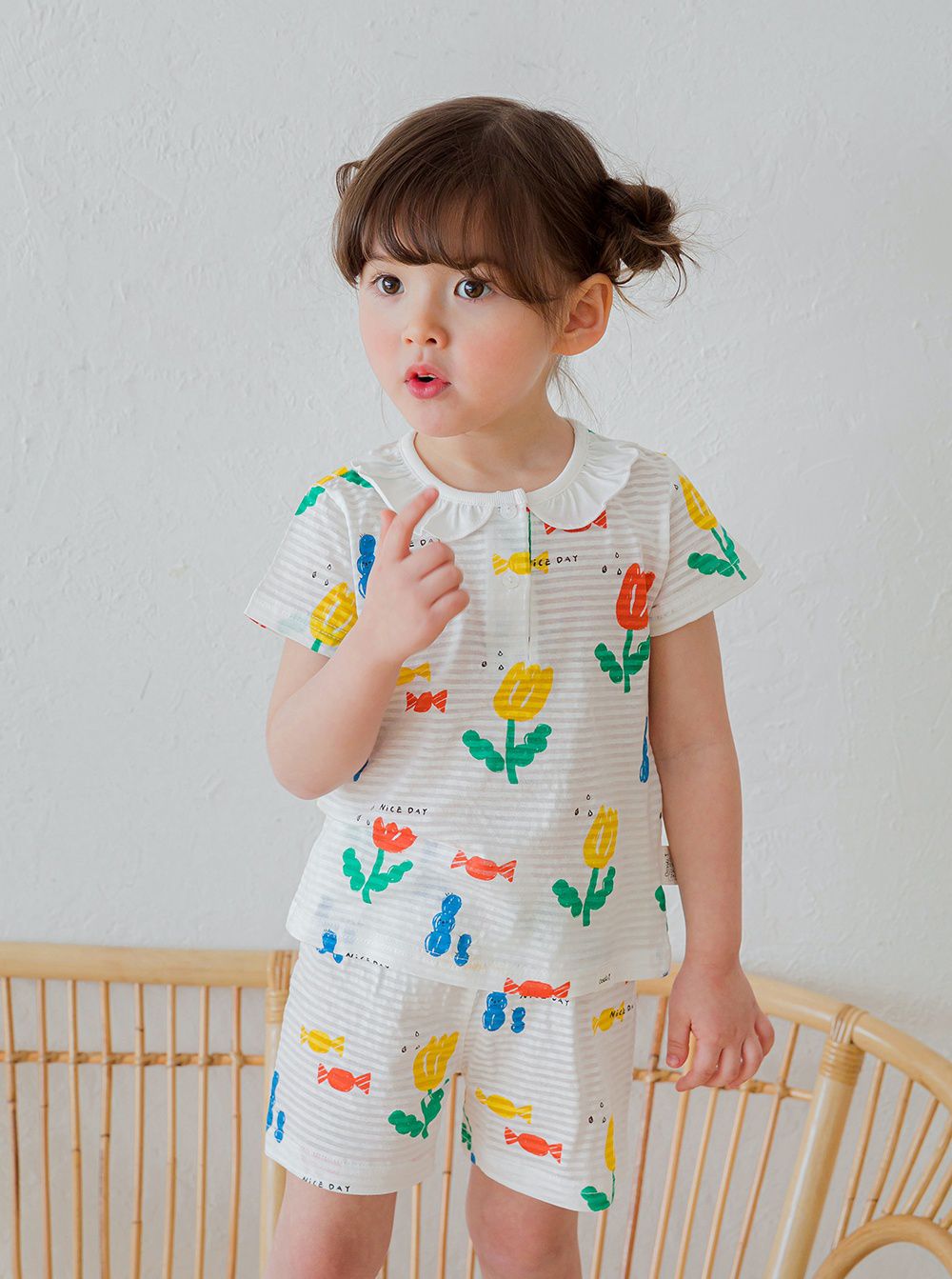 韓國 Cordi-i - 無螢光棉透氣緹花短袖家居服-鬱金香花園