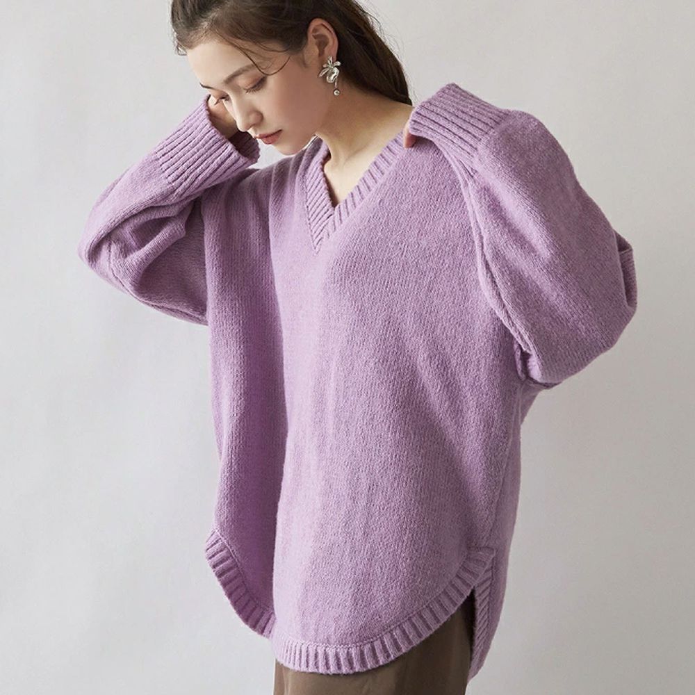 日本rejoule V領落肩前短後長寬鬆針織毛衣 紫 M Free Size 媽咪愛