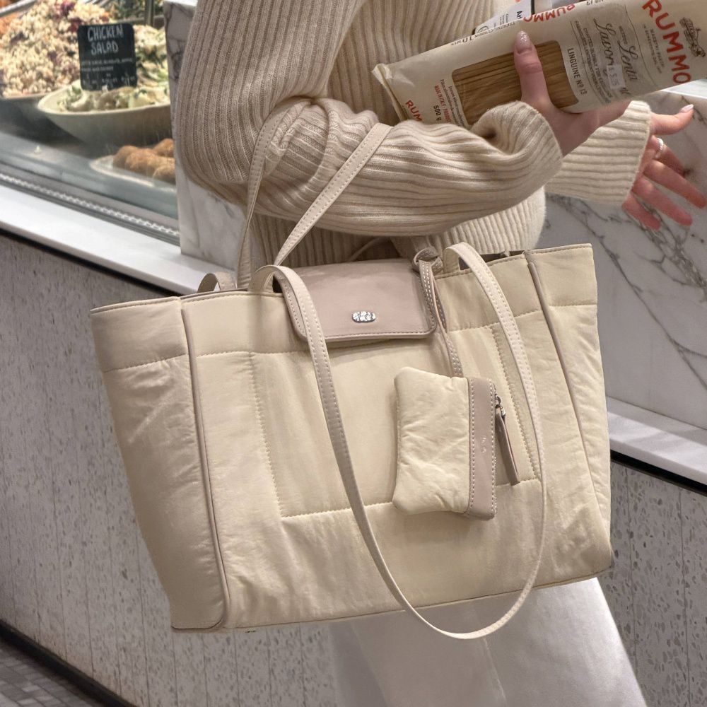 小眾設計 (附小拉鍊包)輕量內分隔尼龍手提/肩背收納包 (象牙白)