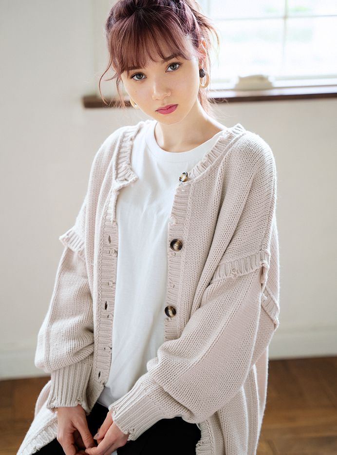 日本 GRL - 前後兩穿排扣抽鬚針織上衣-白