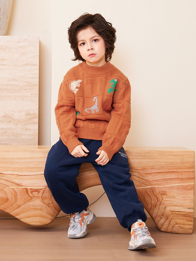圓領保暖針織長袖上衣/毛衣-英文字恐龍-橘色