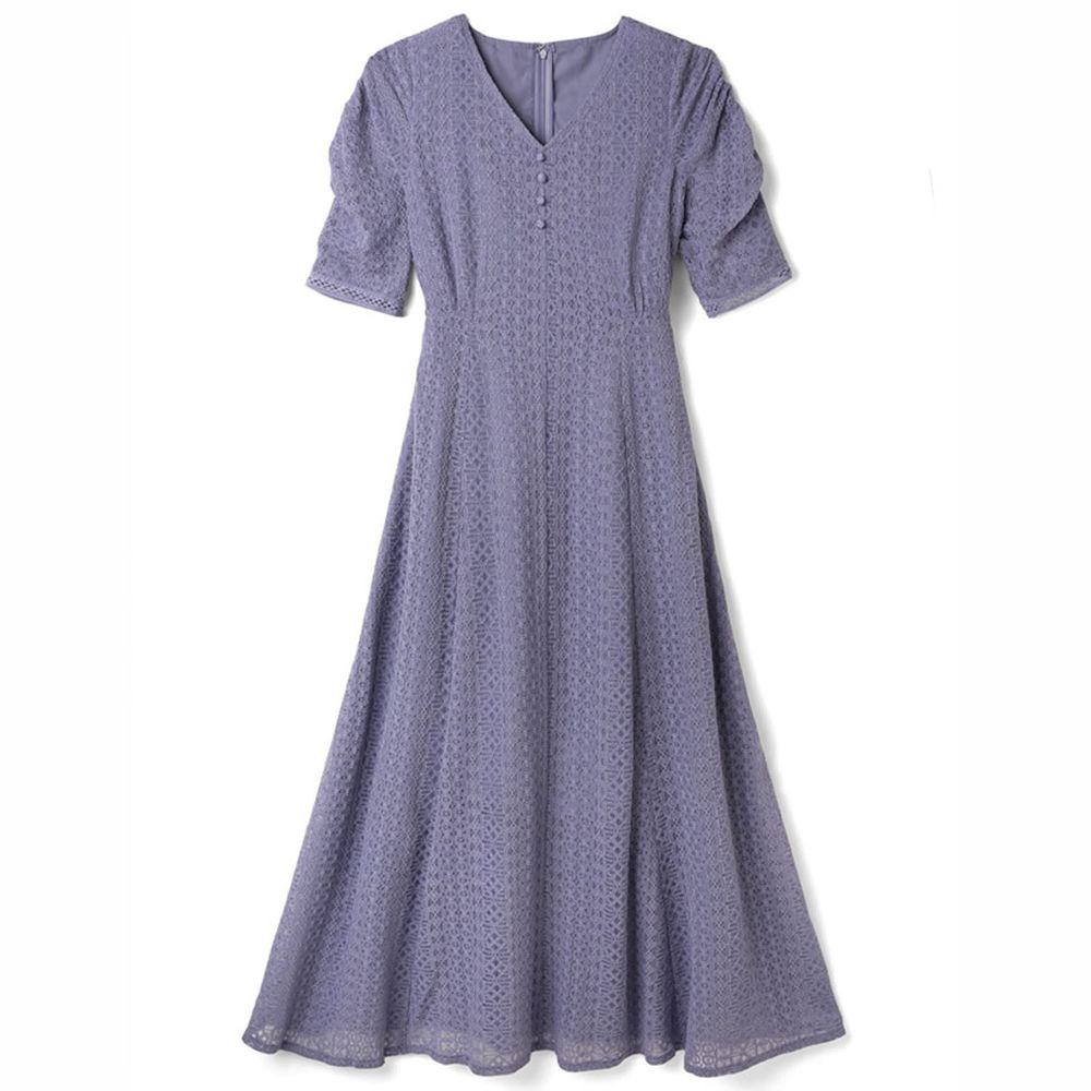 日本 GRL - 明星聯名款 復古蕾絲雕花短袖洋裝-灰紫藍