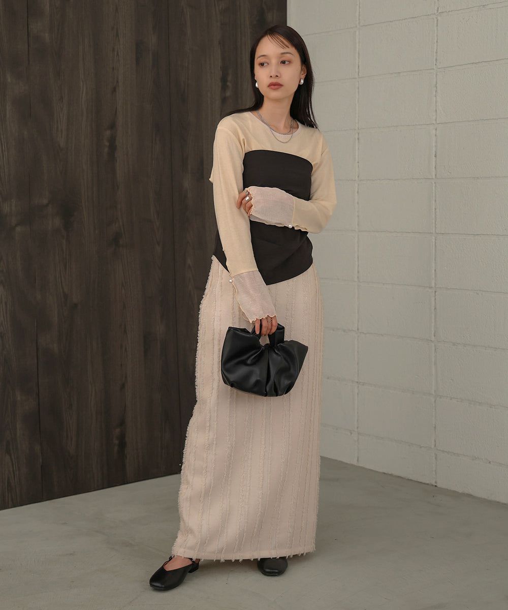 日本 Bab - 楊柳拼接珍珠薄長袖上衣-米杏