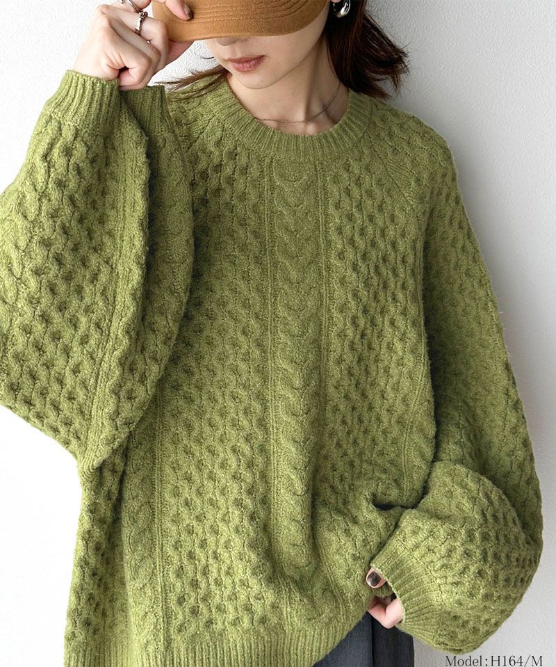 日本 Classical Elf - 百搭粗麻花編織落肩毛衣-草綠